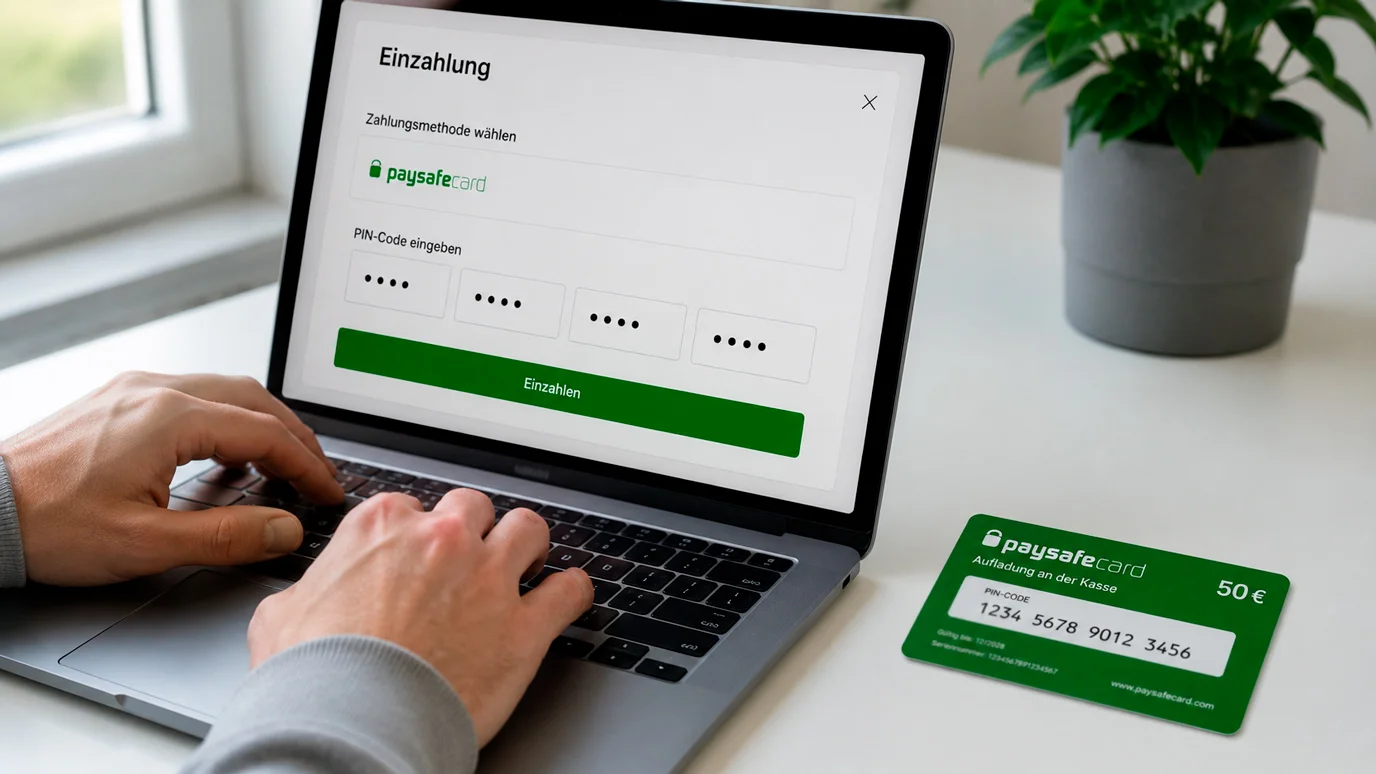 Paysafecard Einzahlung im Casino Schritt für Schritt – PIN-Eingabe am Laptop